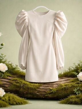 T C E C  SIZE MEDIUM  Elegant Puff Sleeve Mini Dress in Cream